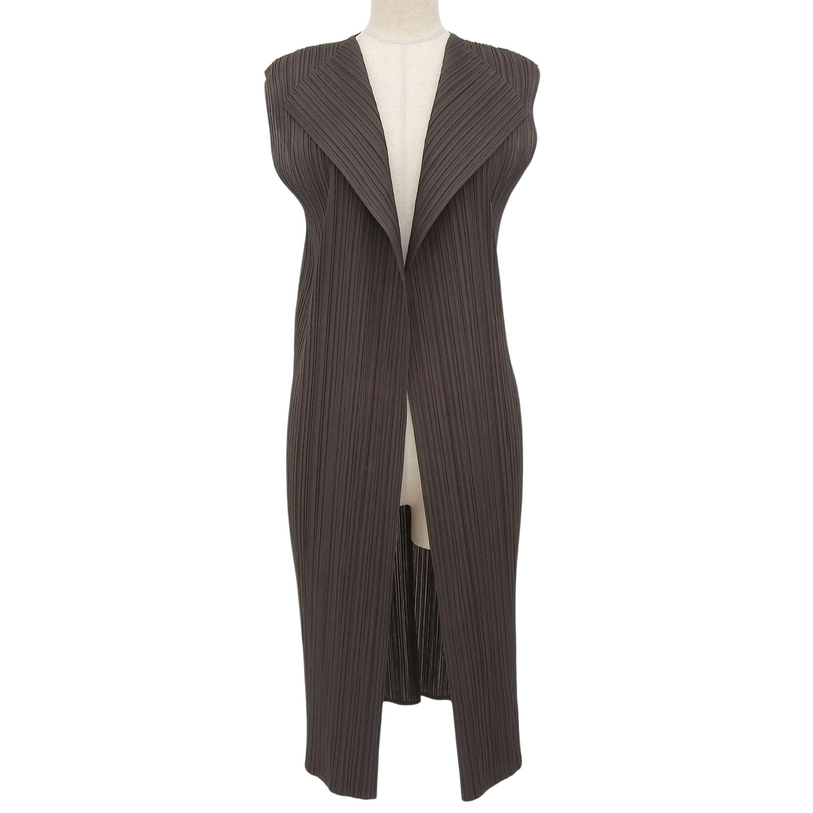 極美品▲PLEATS PLEASE プリーツプリーズ イッセイミヤケ 22SS PP21-JE165 ノースリーブ ロング丈 カーディガン 茶 正規品 レディース