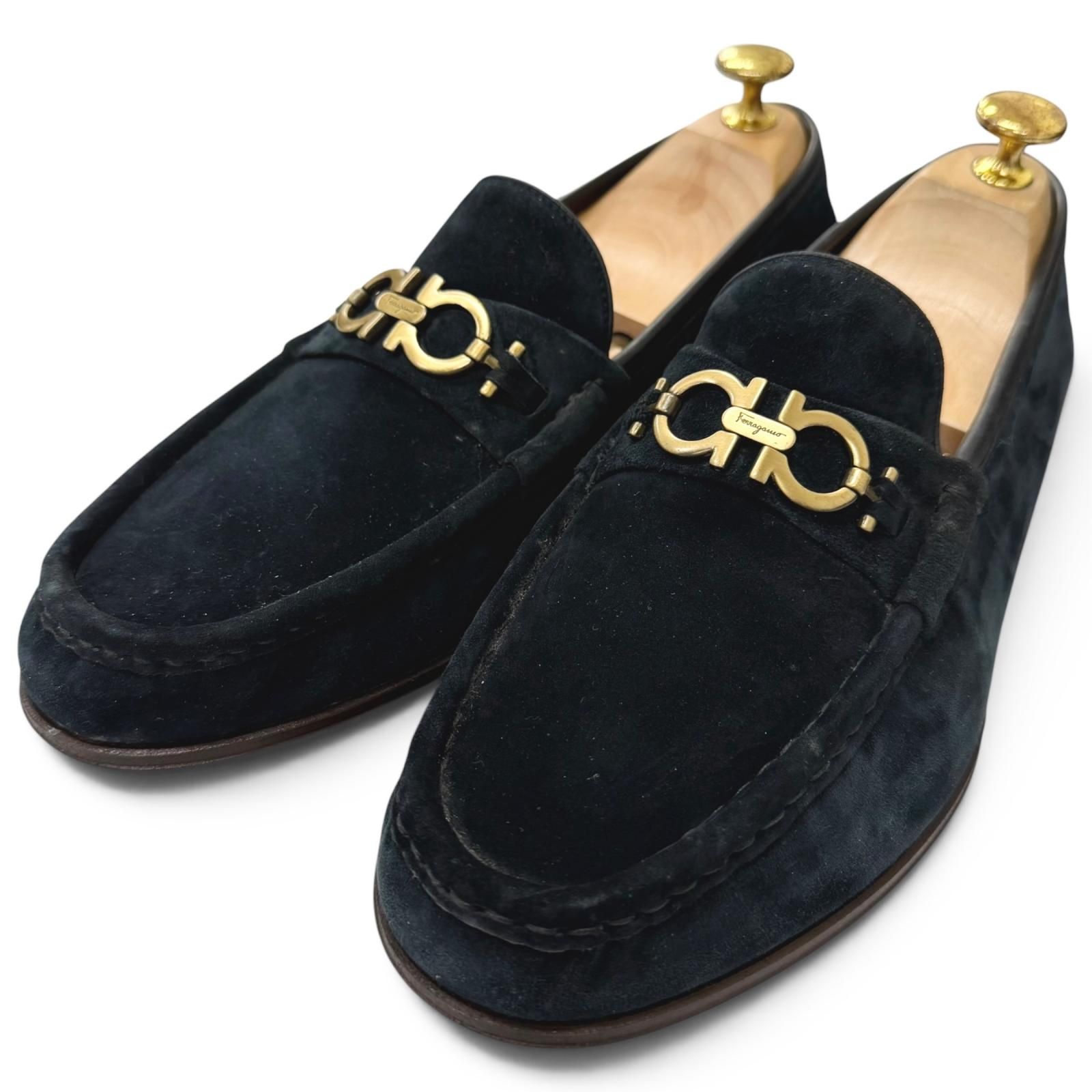 未使用品□Salvatore Ferragamo サルヴァトーレフェラガモ スウェードレザー ダブルガンチーニ ローファー ネイビー ゴールド 8.5 伊製