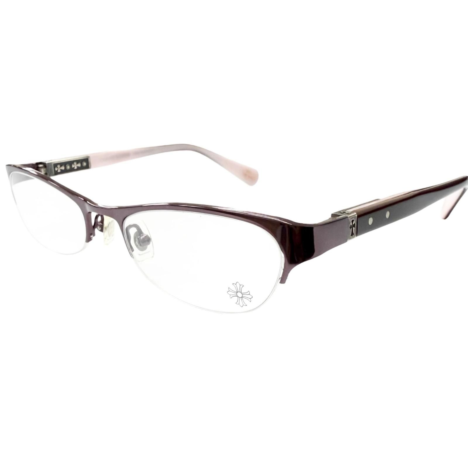 美品□CHROME HEARTS クロムハーツ SHELBY クロス ハーフリム メガネ 眼鏡 アイウェア ボルドー ピンク 度なし 日本製 メンズ レディース