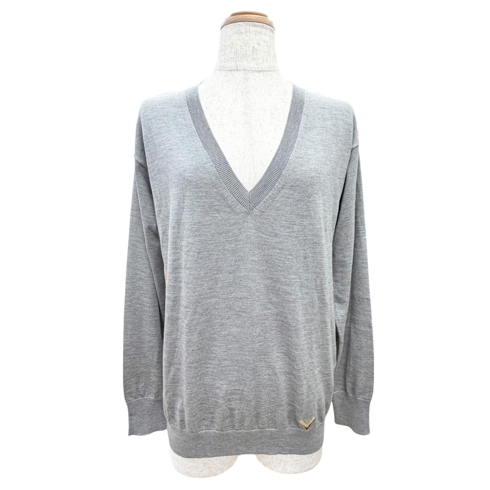 未使用品△VALENTINO ヴァレンティノ 3B3KC48D830 カシミヤ シルク ロゴ金具 Vネック 長袖ニット セーター グレー ゴールド金具 S 正規品
