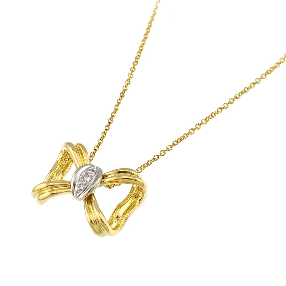 ティファニー TIFFANY&Co. リボン ダイヤ ネックレス 40cm K18 YG Pt イエローゴールド 750 Diamond Necklace 90326253