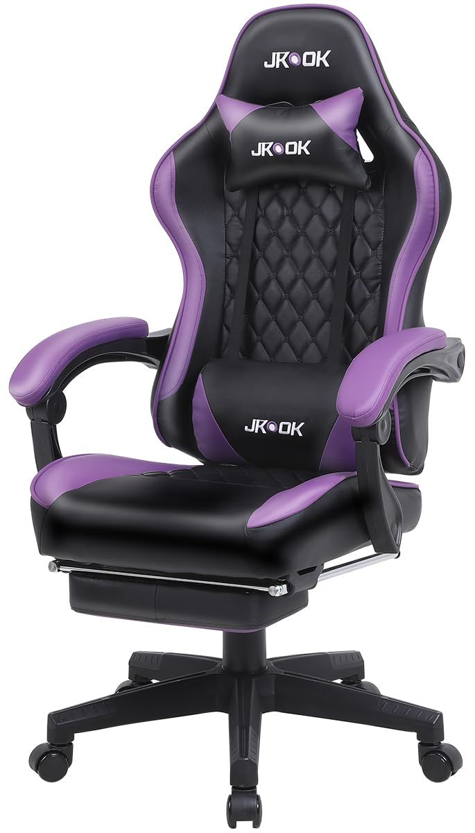 JKOOK ゲーミングチェア オットマン付き 多機能 連動ひじ掛け ゲーム用 デスクチェア 男女兼用 学習椅子 PUレザー JK08 (黒紫)