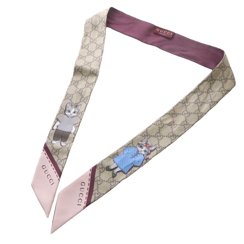 グッチ GUCCI ×ヒグチユウコ GG シルク ネックボウ スカーフ ベージュ ボルドー 848291 /YO18 ■OH