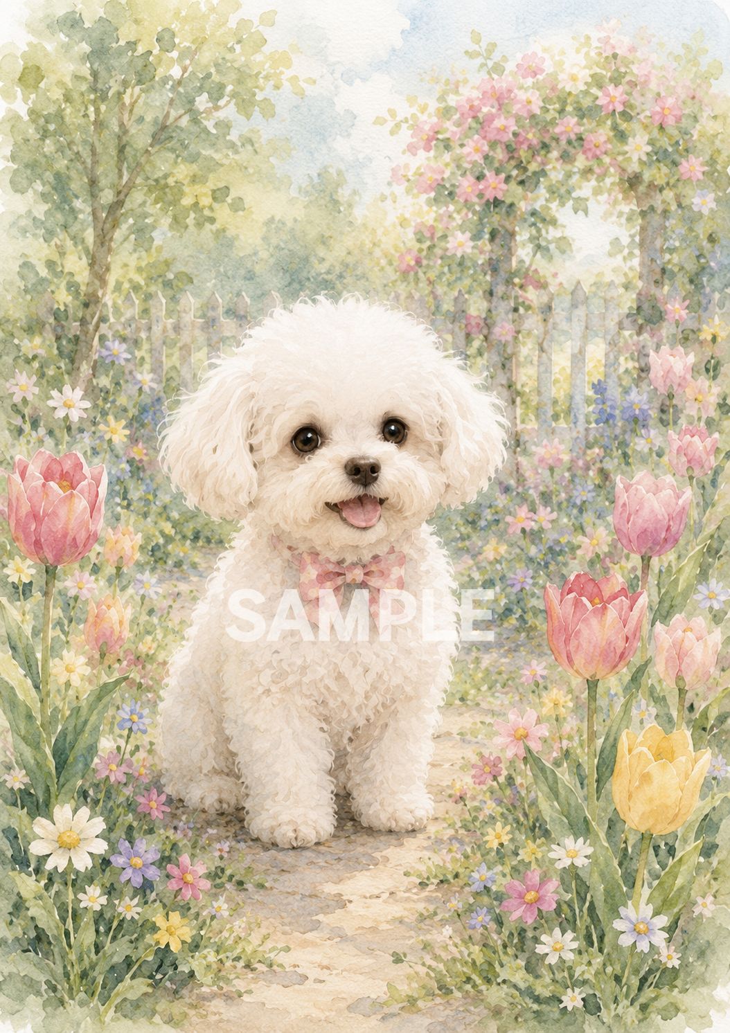 926 水彩画風 小犬アート ポスター 犬イラスト 花 インテリア 2Lサイズ