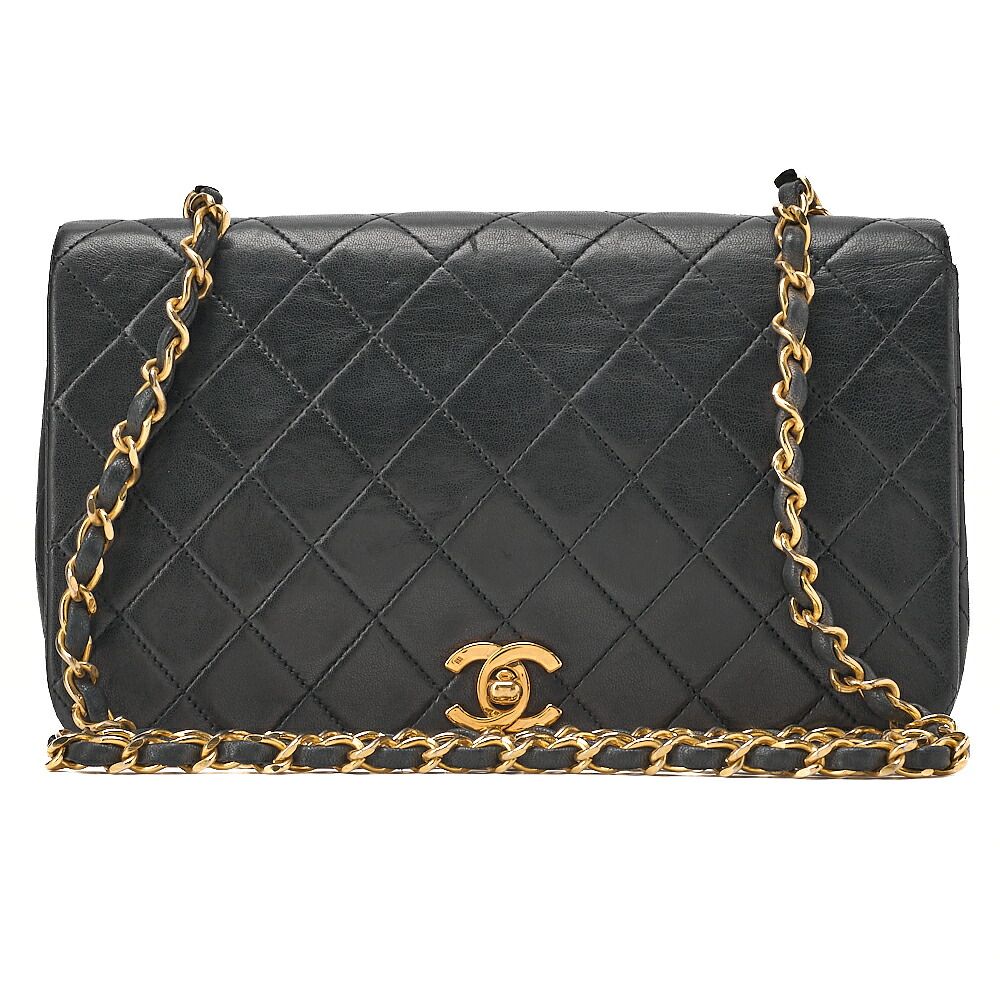 CHANEL ラムスキン マトラッセ　フルフラップ　23cm　チェーンショルダー　黒　ゴールド金具　フルフラップ　 ターンロック ブランド【中古】【送料無料】
