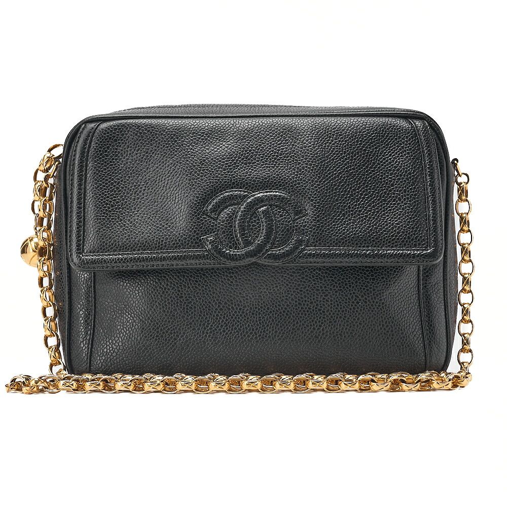 CHANEL シャネル マトラッセ ココマーク ボールチャーム付き ビジューチェーンショルダー キャビアスキン 黒（ゴールド金具）レディースバッグ ハイブランド【中古】【送料無料】