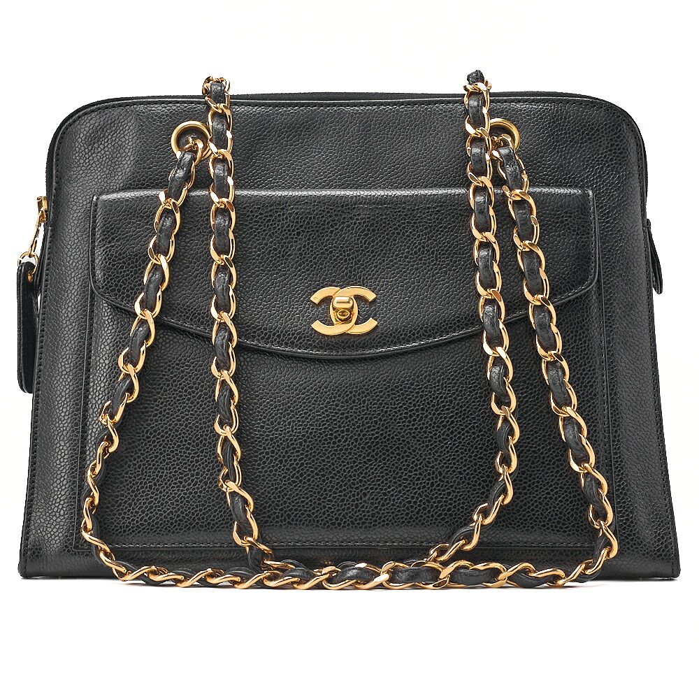 CHANEL シャネル キャビアスキン ターンロック アウトサイドフラップ ロゴチャーム Wチェーンショルダー 黒（ゴールド金具）【中古】【送料無料】