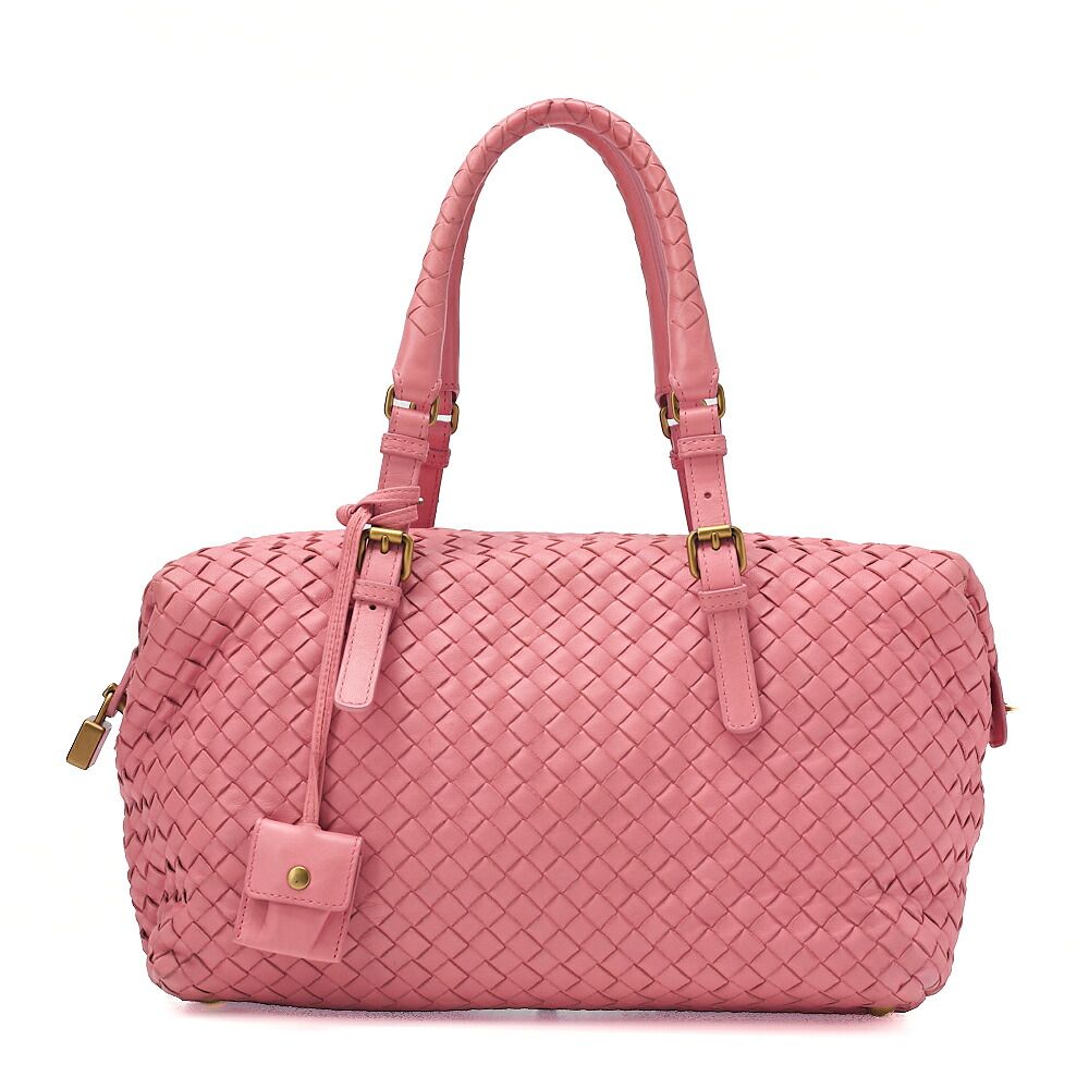 BOTTEGA VENETA ボッテガ　ラムスキン イントレチャート　ボストン　ハンドバッグ　ピンク　ゴールド金具 レディースバッグ　ブランド【中古】【送料無料】
