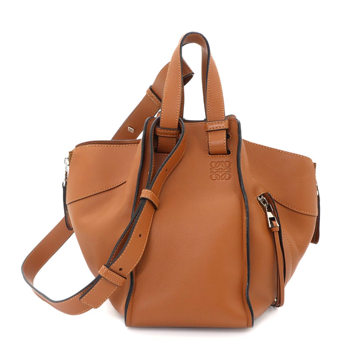 新品同様 ロエベ LOEWE ハンモック スモール 2way ハンド ショルダー バッグ レザー ブラウン シルバー 金具 387 30 N60 90328432
