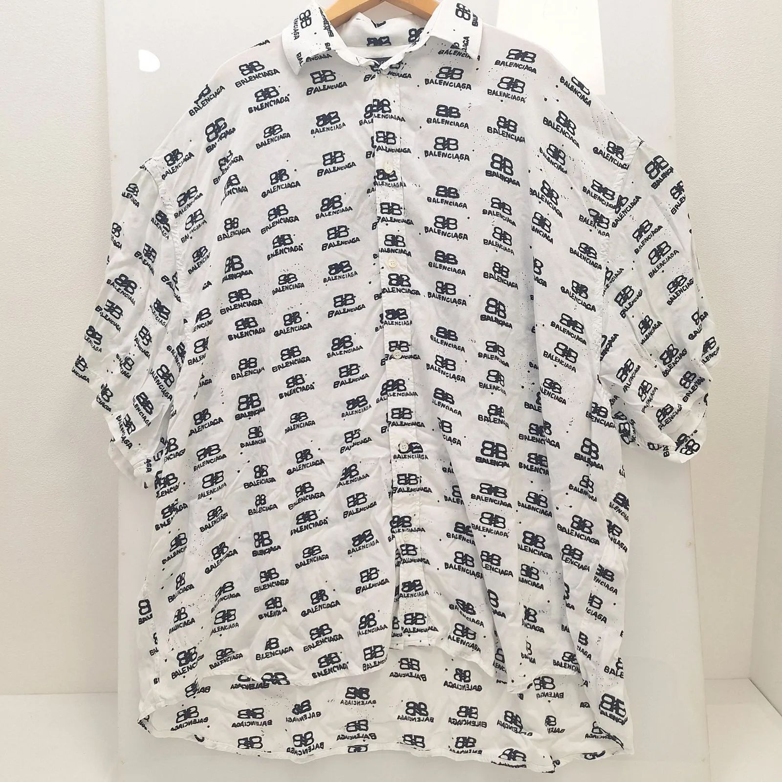 (0731c1) BALENCIAGA バレンシアガ BBロゴ 総柄 半袖シャツ オーバーサイズ 38 メンズ ホワイト