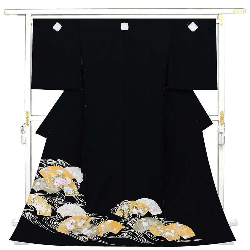 ※記念感謝祭【仕立無料】☆京友禅工芸染、本金彩加工、刺繍入り☆日本図案家協会員優秀「工芸扇面波」図特撰黒留袖（10012854）