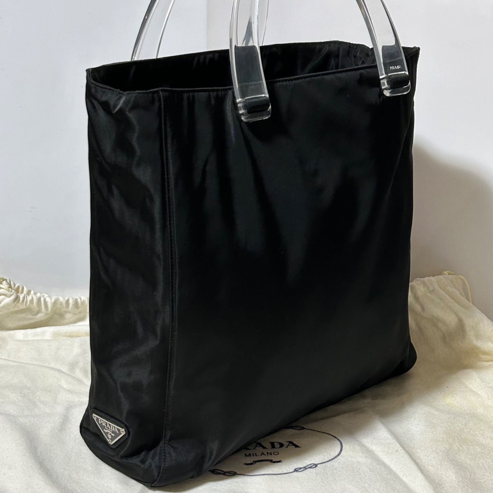 美品 PRADA プラダ 三角ロゴプレート プラスチックハンドル ポコノ ナイロン ハンドバッグ シルバー金具 ブラック A4収納