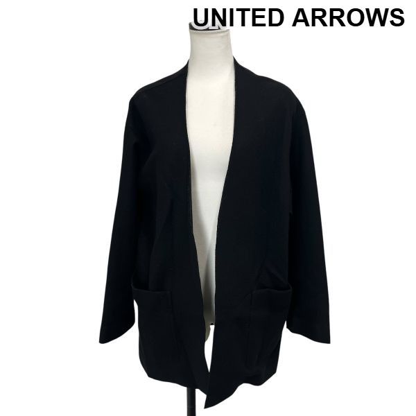 ◆ ユナイテッドアローズ UNITED ARROWS コーディガン 長袖 オープンフロント ボタンレス パッチポケット 黒 毛 M 9号 レディース S6I449