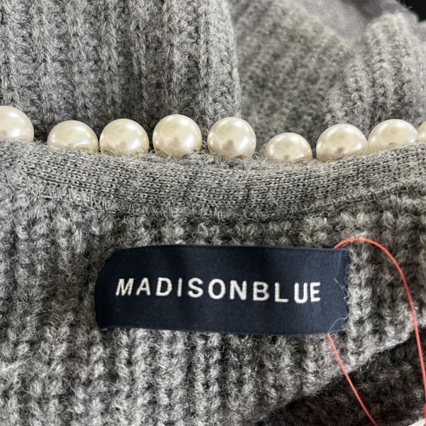 ◆ マディソンブルー MADISON BLUE カーディガン 長袖 オープンフロント ボタンレス パール調 グレー ウール XS 7号 レディース S6I458