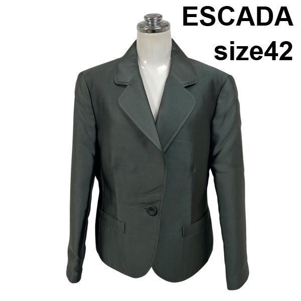 ◆ エスカーダ ESCADA ジャケット 長袖 Vネック ピークドラペル風襟 ワンボタン 肩パット カーキ シルク 42 M 9号 レディース S6I460