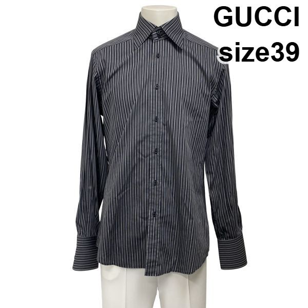 ●◆ グッチ GUCCI カジュアルシャツ ドレスシャツ 長袖 ピンストライプ柄 トップス グレー 黒 綿100％ 39 M メンズ S6I464