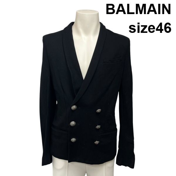 ◆ バルマン BALMAIN ジャケット 長袖 ダブルブレスト Vネック シグネチャーボタン 黒 コットン 46 S メンズ S6I476