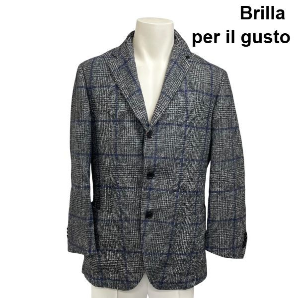 ◆ ブリッラペルイルグスト Brilla per il gusto ジャケット 長袖 Vネック グレンチェック柄 パッチポケット グレー M メンズ S6I478