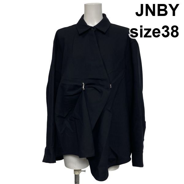◆ ジェイエヌビーワイ JNBY シャツジャケット ブルゾン 長袖 タックプリーツ アシンメトリー 黒 ウール混 38 M 9号 レディース S6I424