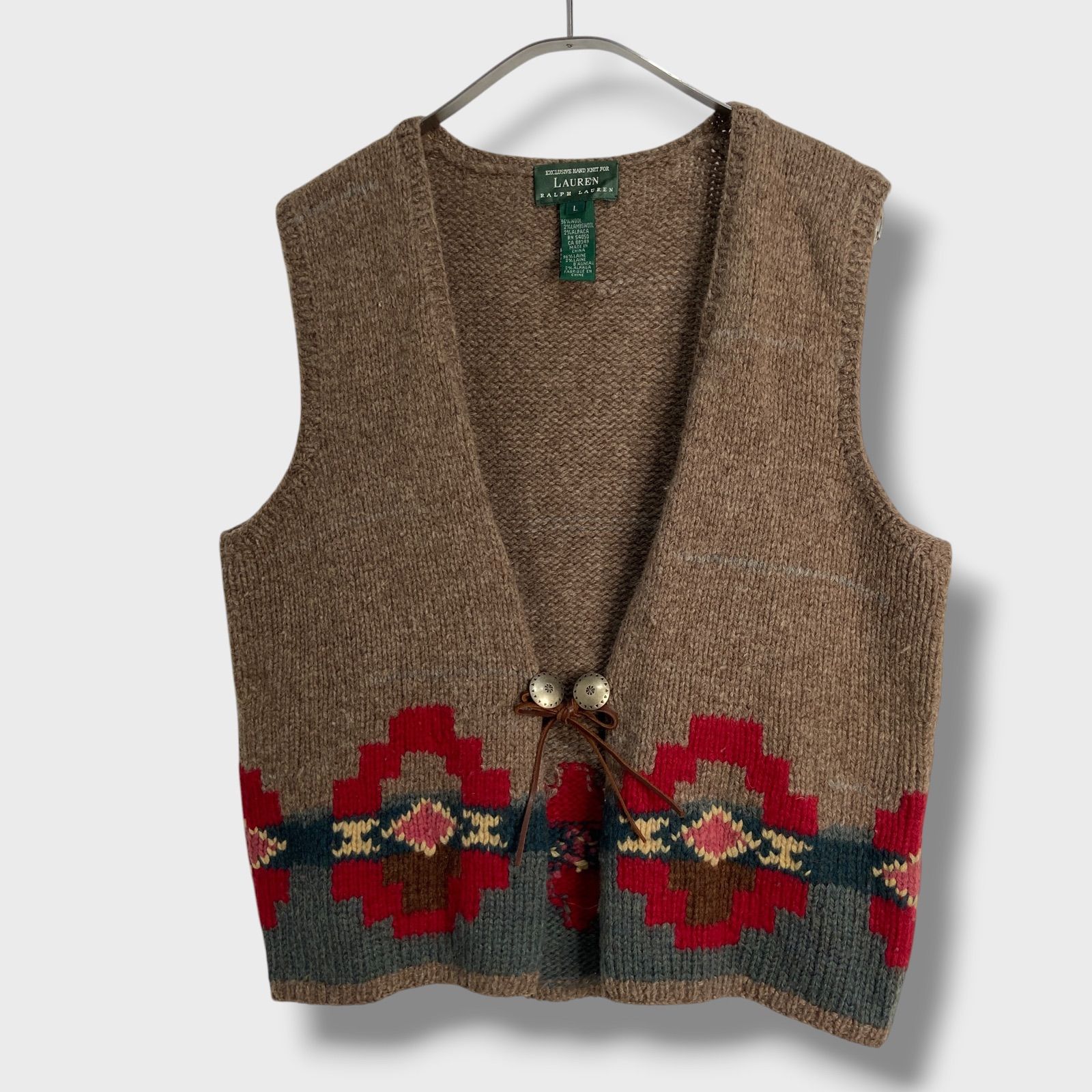 ☆LAUREN RALPH LAUREN☆ラルフローレン☆ネイティブ柄ハンドニットベスト☆コンチョボタン☆90s☆ウールニット☆ブラウン☆レディースL☆G26M