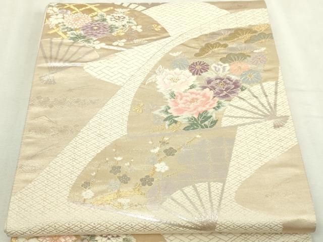 平和屋本店▼六通柄袋帯　唐織　扇面草花文　弐捨四金二重織　正絹　逸品　DABI4595sf