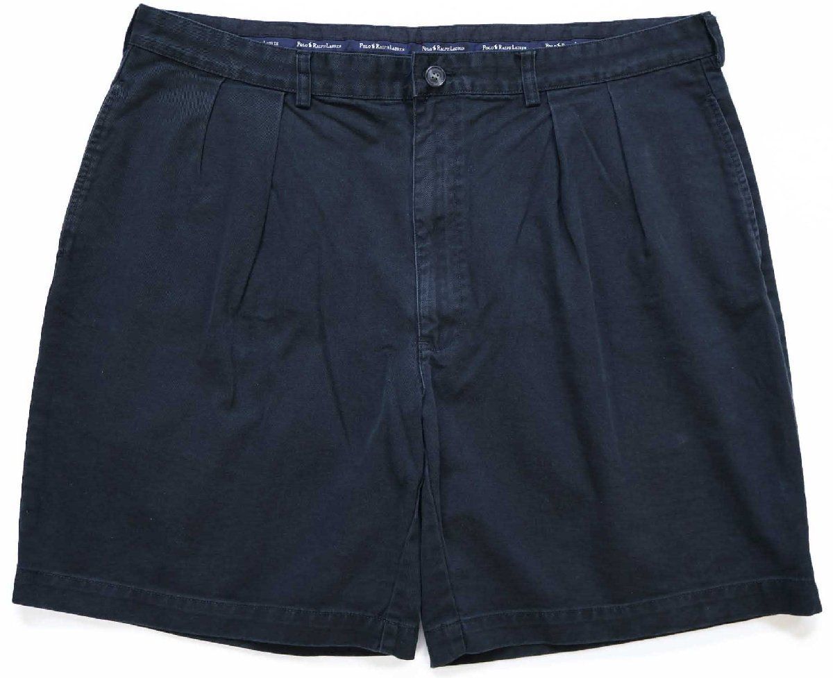 90s ポロ ラルフローレン TYLER SHORT ツータック コットン チノ ショートパンツ 黒 W42★ショーツ オールド ブラック ビッグサイズ