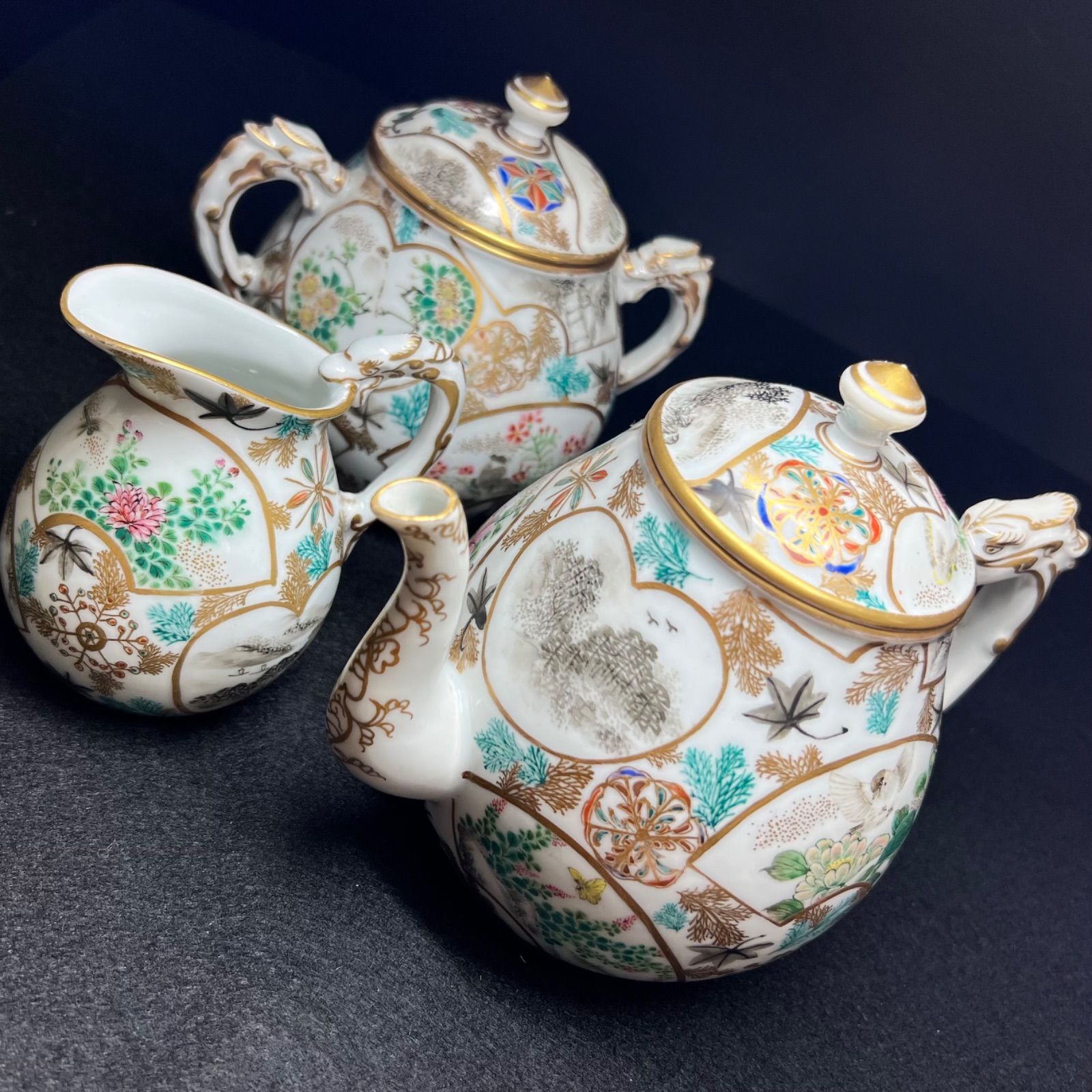 大日本乾山伝七　金彩色絵花鳥図画ティーセット　新Y8-0731☆トカコ