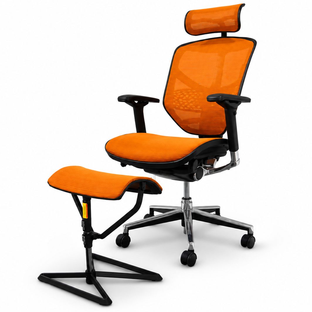 エルゴヒューマン エンジョイ ハイタイプ 可動肘 ヘッドレスト オットマン付き オレンジ メッシュ 中古オフィス家具 M0058