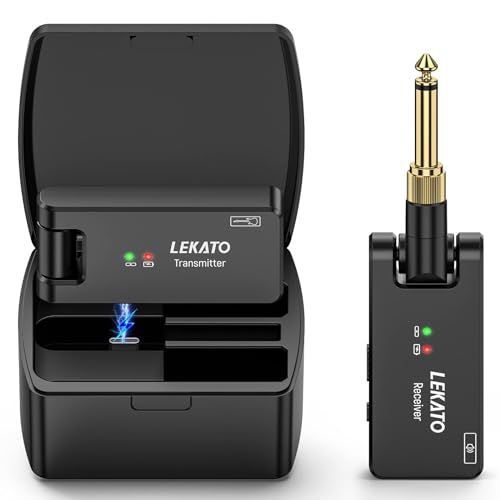 LEKATO ギターワイヤレス ギターワイヤレスシステム WS-100 ベース エレキギター 送受信機 3.5mmと6.35mm モノラルプラグ付き 2.4GHz 4チャンネル USB充電 軽量 コンパクト 190°回転 ブラック | 2.4 4c15f5f3