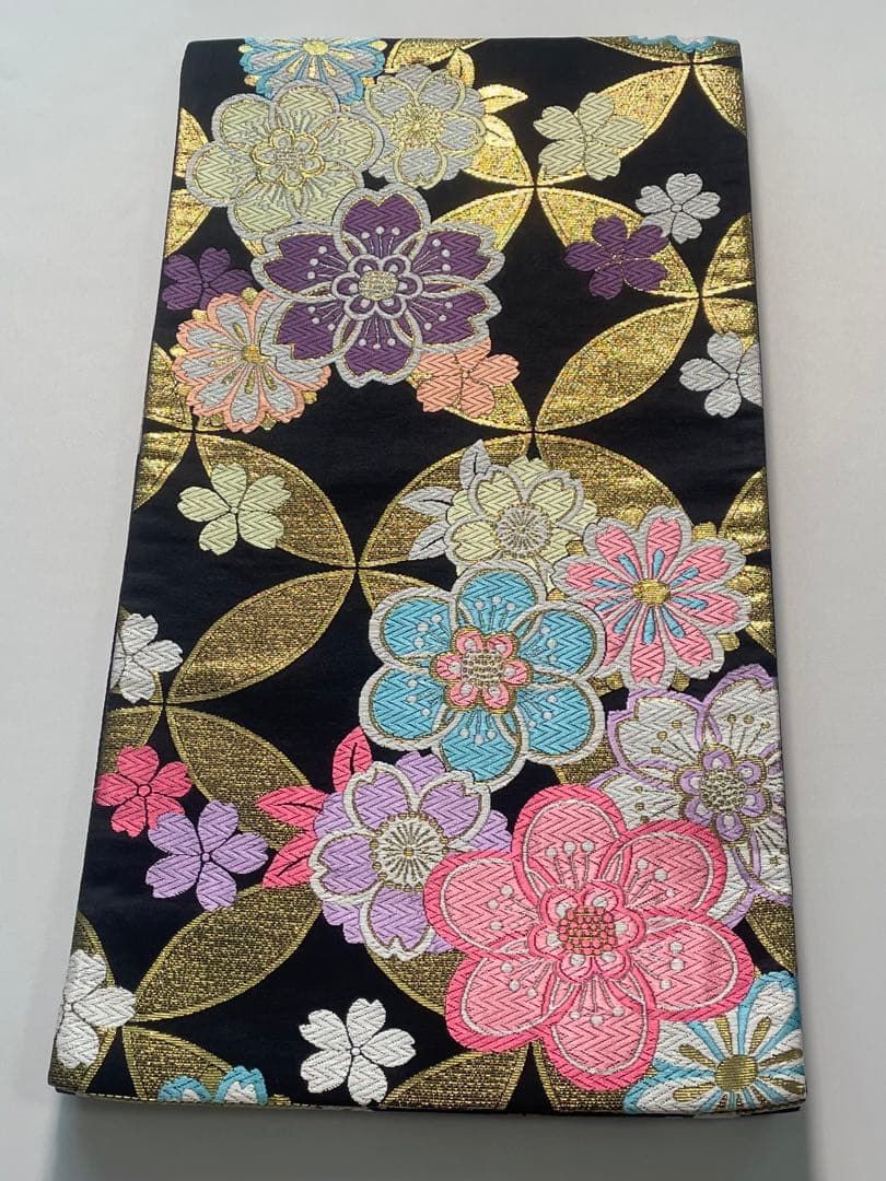 袋帯 正絹 振袖 七宝繋ぎ 花文様 金糸 ロングサイズ F1688