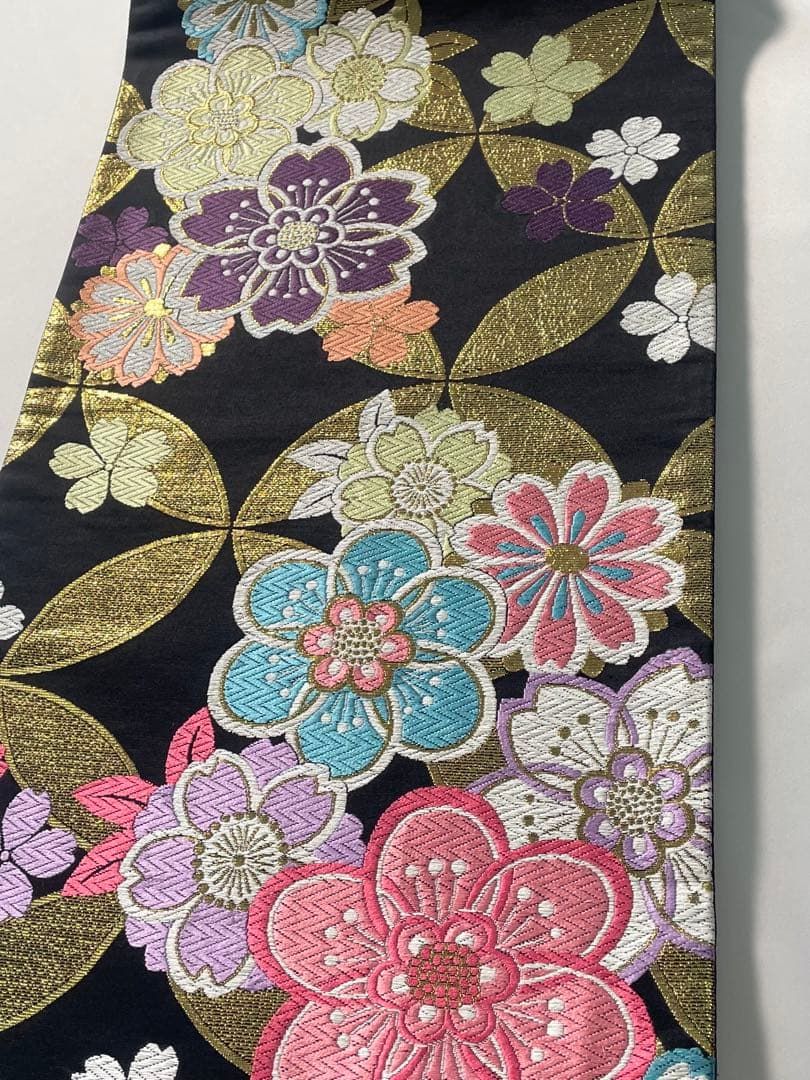 袋帯 正絹 振袖 七宝繋ぎ 花文様 金糸 ロングサイズ F1688