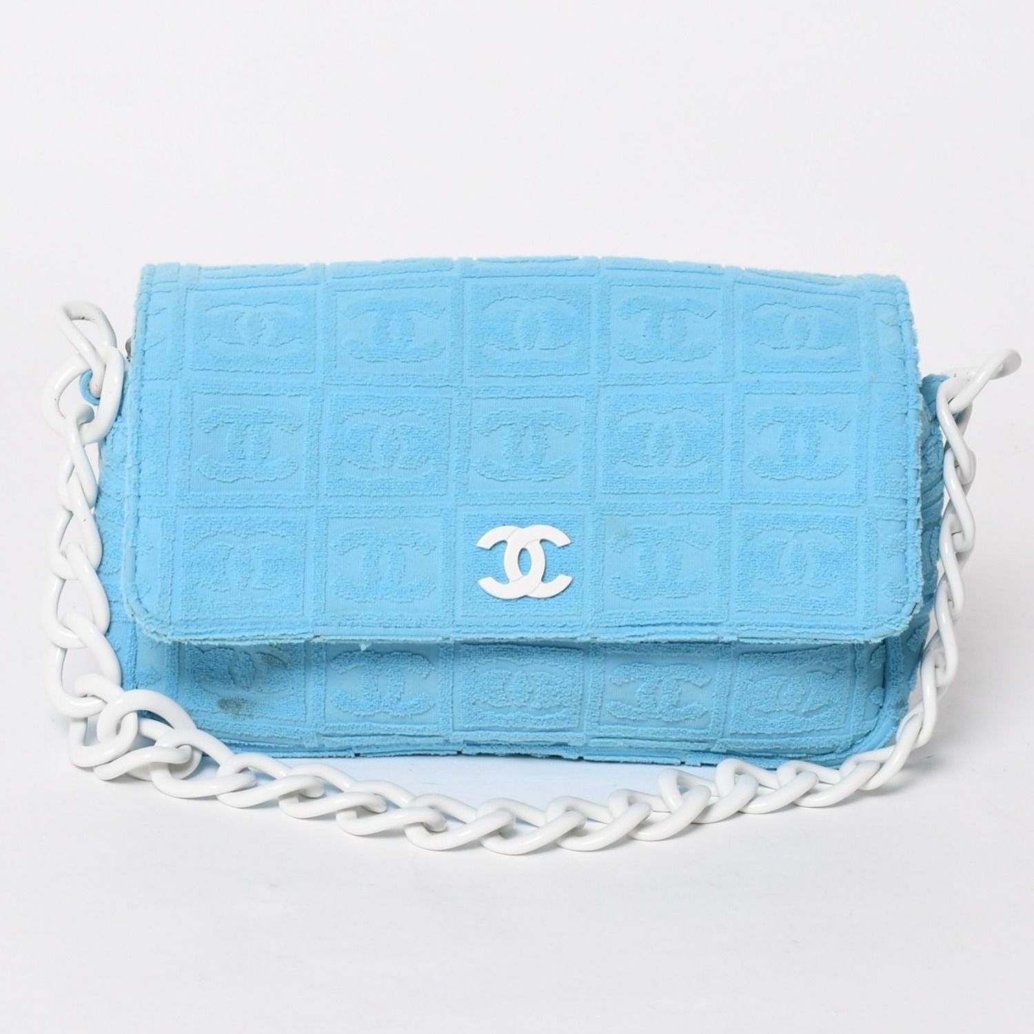 CHANEL シャネル スポーツライン プラチェーンショルダーバッグ 7番台 ココマーク パイル ブルー ホワイト チョコバー 美品 中古 4a005834
