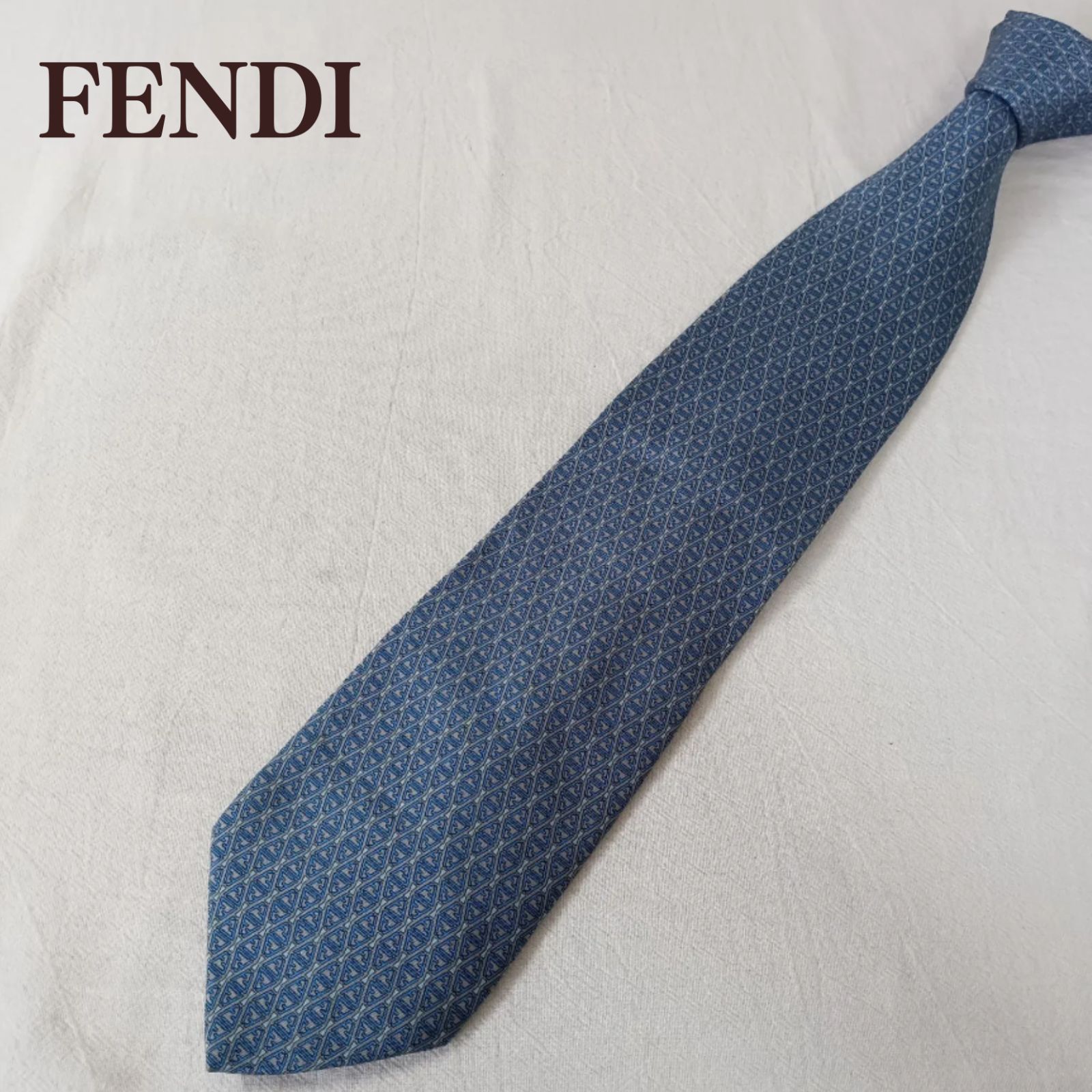 FENDI フェンディ ネクタイ ブルー 総柄 シルク ズッカ FF ロゴ