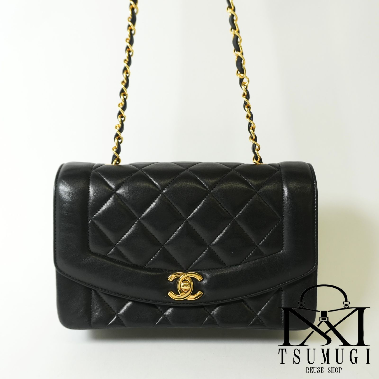 CHANEL シャネル マトラッセ ラムスキン シングルフラップ チェーンショルダー ダイアナ フラップ ブラック ゴールド金具 2番台 247,500円
