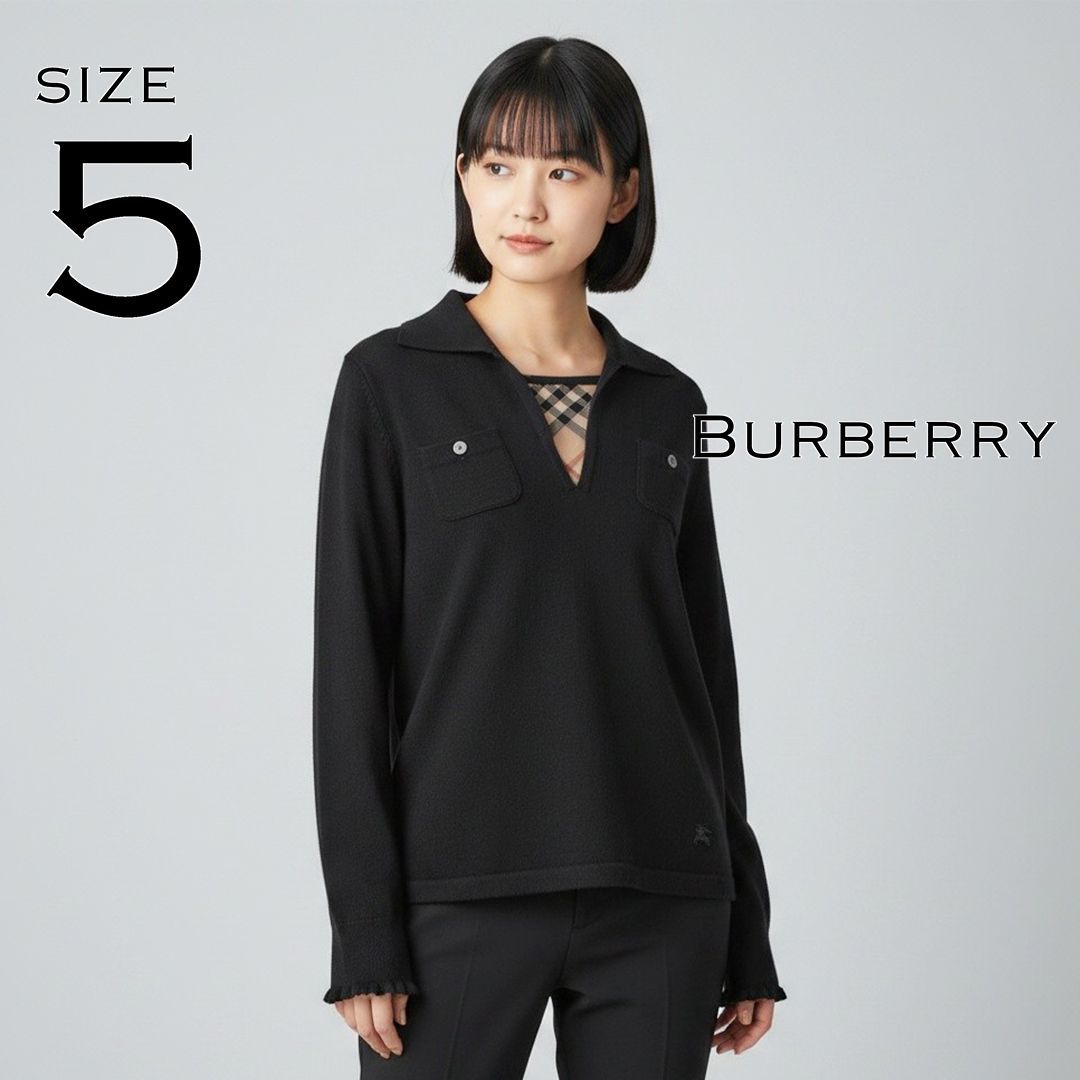 【希少サイズ5】BURBERRY LONDONバーバリーロンドン 日本製 ウール100% スキッパーフリルニット ノバチェック柄 5(2XL〜3XL) 黒ブラック 【古着】【中古】【送料無料】