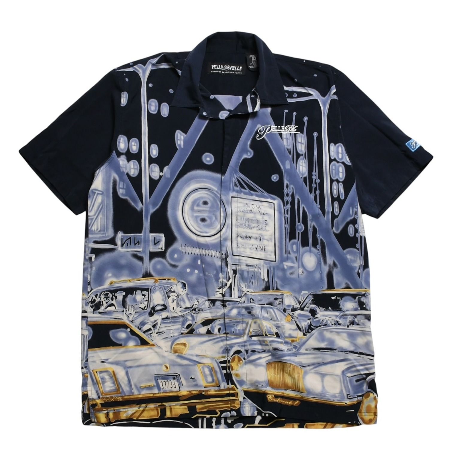 極美品 PELLE PELLE ペレペレ ストリートトラフィック総柄シャツ ネイビー オーバーサイズ Lサイズ 90年代-00年代 アメ車 中古 4a005949