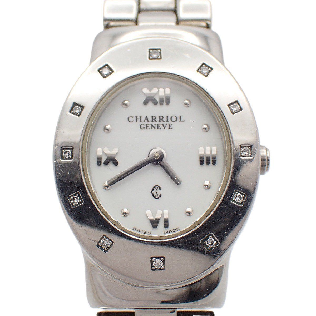 Chariall Azzurro Oval Quartz Women's Watch 12P Stone Bezel White Dial Genuine SS Belt Ref. Azuro [Ioki Quality Shop]