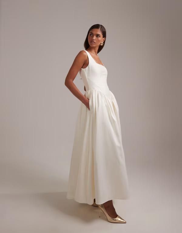 エイソス レディース トップス ワンピース ミディ スカート ASOS DESIGN square neck structured full skirt midi wedding dress Ivor