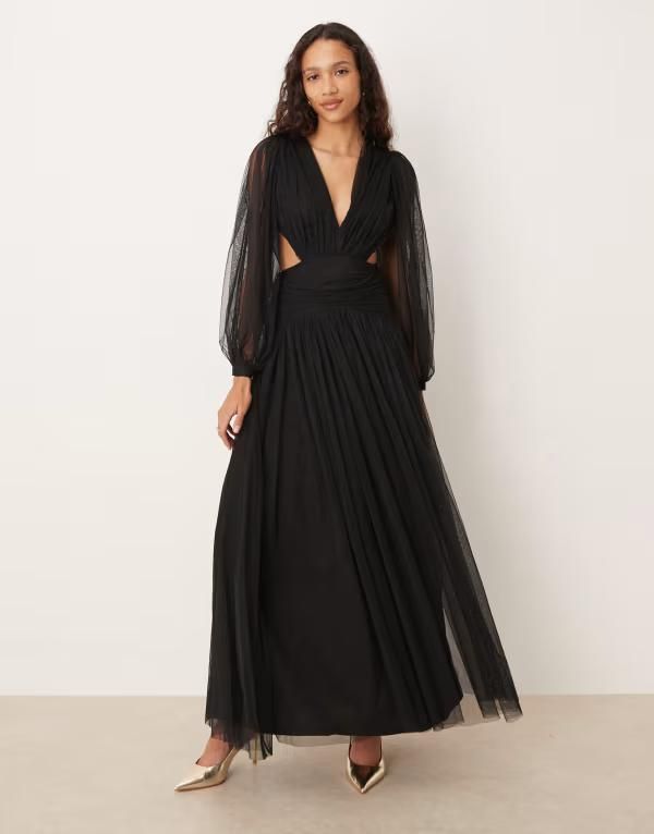 レース アンド ビーズ レディース トップス ワンピース チュール マキシワンピース マキシ Lace Beads plunge neck dropped hem tulle maxi dress B