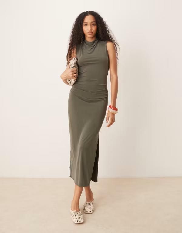 マンゴ レディース トップス ワンピース ギャザー Mango soft touch ruched midaxi dress in washed Khaki カーキ