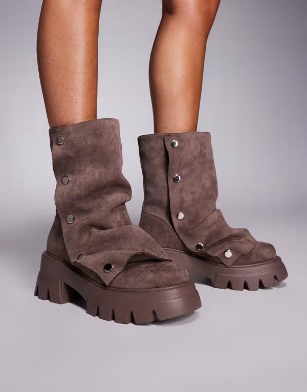 アザレア ワン レディース シューズ ブーツ・レインブーツ アンクル Azalea Wang Bharti studded chunky ankle boots in cocoa Gray グレー