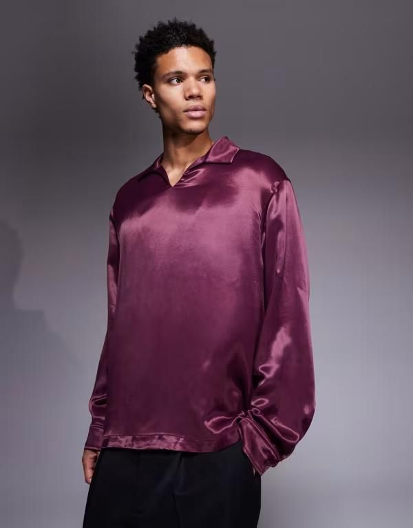 エイソス メンズ トップス シャツ サテン ASOS DESIGN oversized satin shirt Burgundy バーガンディ 8,626円