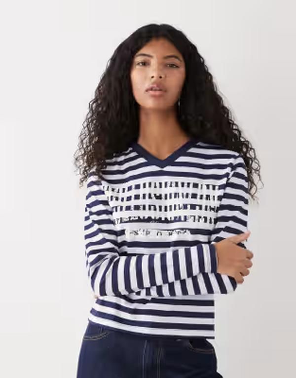 コルージョン レディース トップス Tシャツ Vネック COLLUSION long sleeve Vneck Tshirt and white stripe Navy stripe ネイビー
