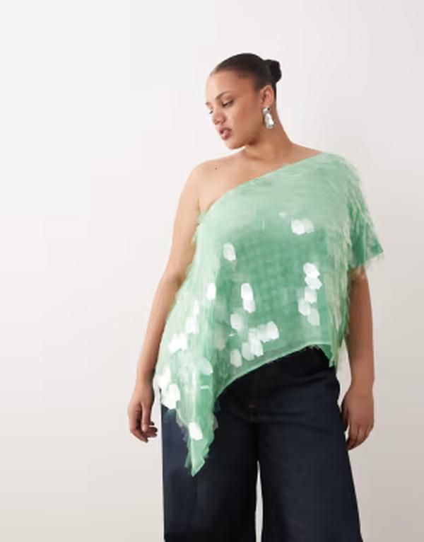 アレンジ レディース トップス シャツ ARRANGE Curvembellished one shoulder top in apple green グリーン