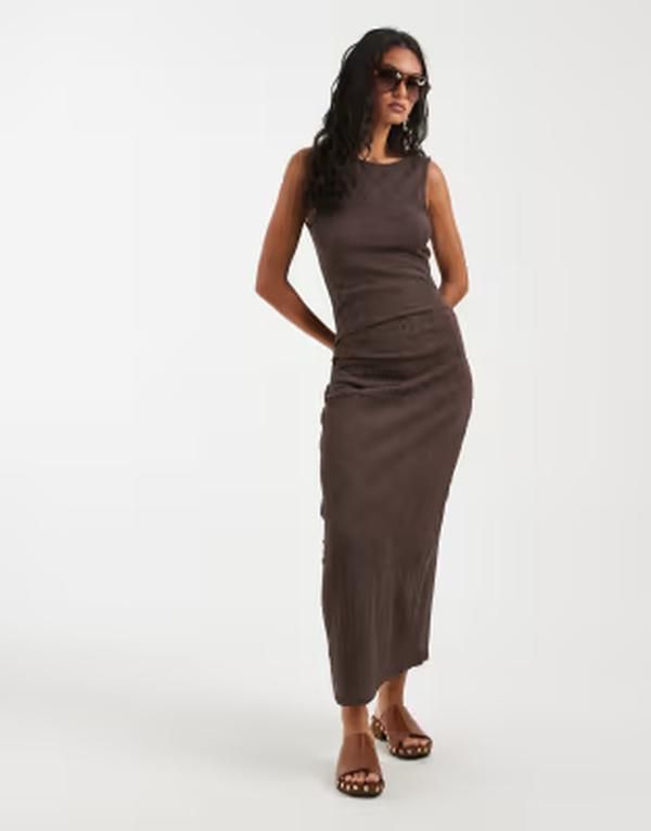 オンリー レディース トップス ワンピース ギャザー マキシ ONLY ruchedetail maxi dress in chocolate BROWN ブラウン