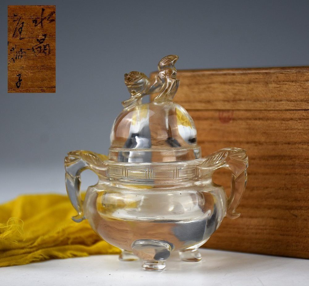 【蔵A6434】中国古美術　本水晶香炉　箱付き　無傷　清朝期