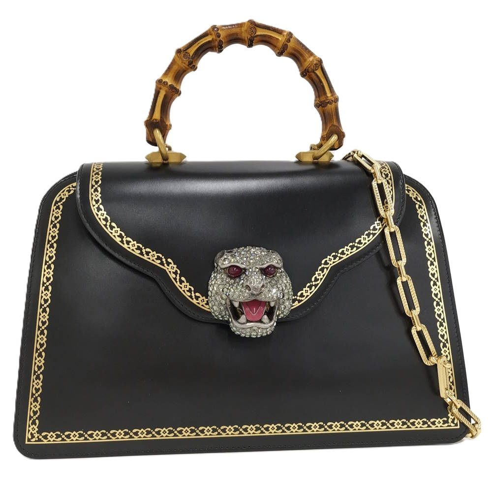 GUCCI シアラ 2WAY チェーンショルダーバッグ バンブーハンドル タイガーヘッド レザー ブラック 495881
