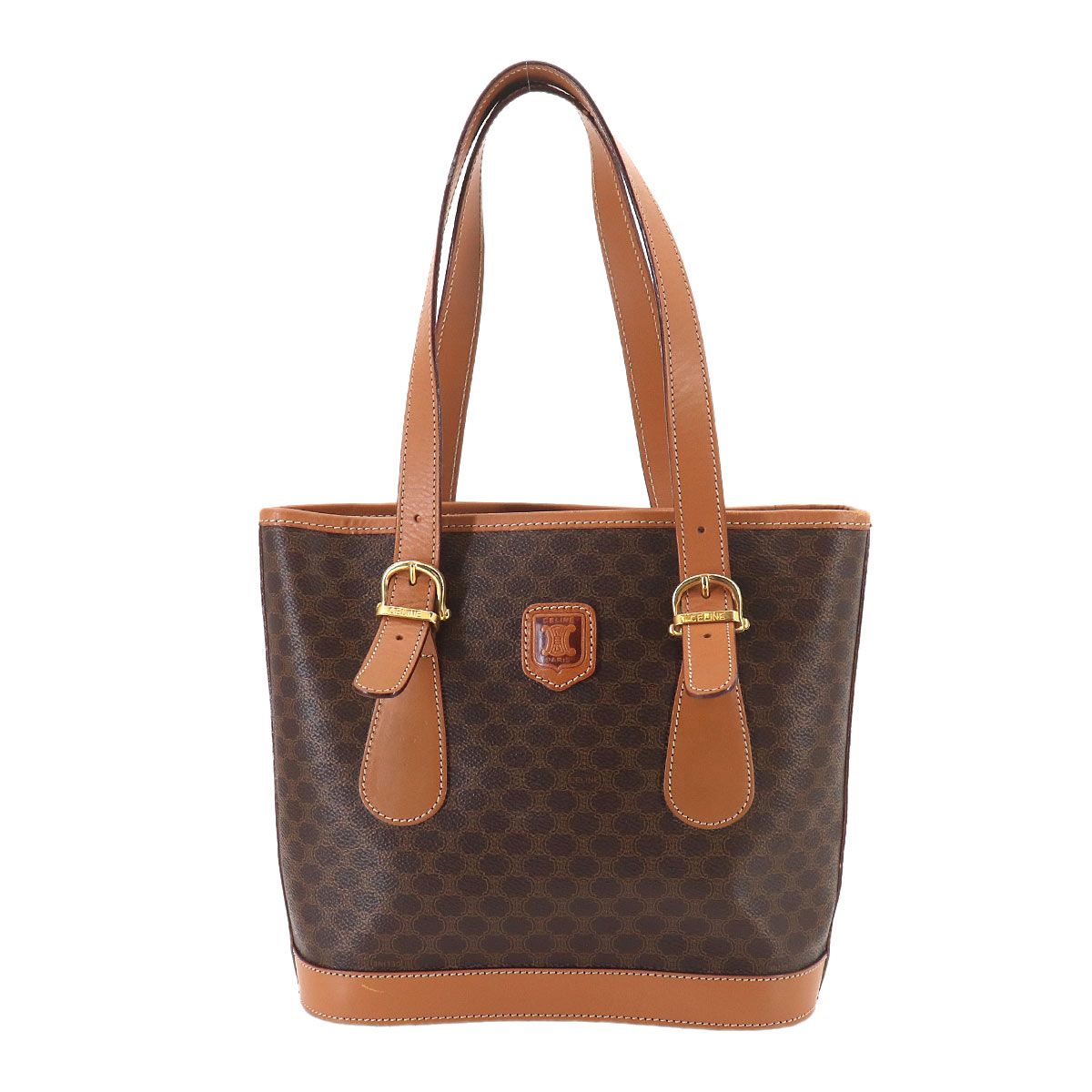 美品 セリーヌ CELINE マカダム ハンド バッグ PVC レザー ブラウン ゴールド 金具 ヴィンテージ Macadam Bag 90326968