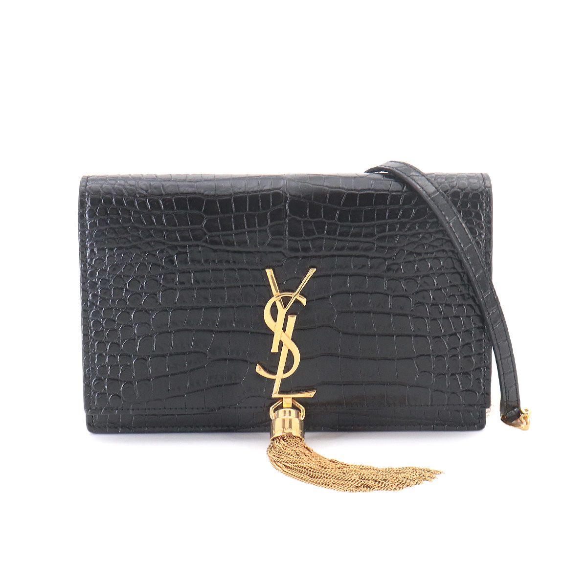 新品同様 サンローラン SAINT LAURENT ケイト チェーン ウォレット 二つ折り 長財布 クロコ型押し レザー ブラック 452159 90327354