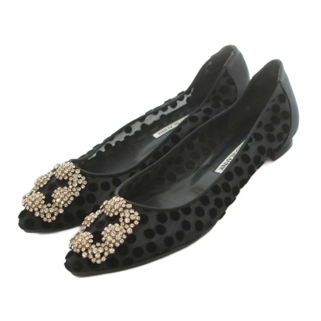 マノロブラニク MANOLO BLAHNIK HANGISI シースルードットフラットシューズ ポインテッドトゥ ビジュー装飾 37 24.0cm 黒 ブラック /MI ■OS